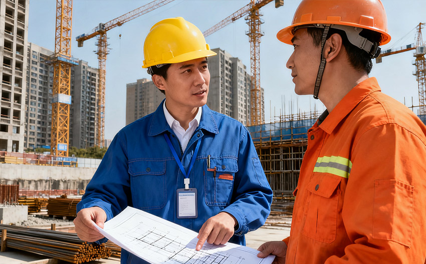 在建筑工地探讨工程进度的两个工程人